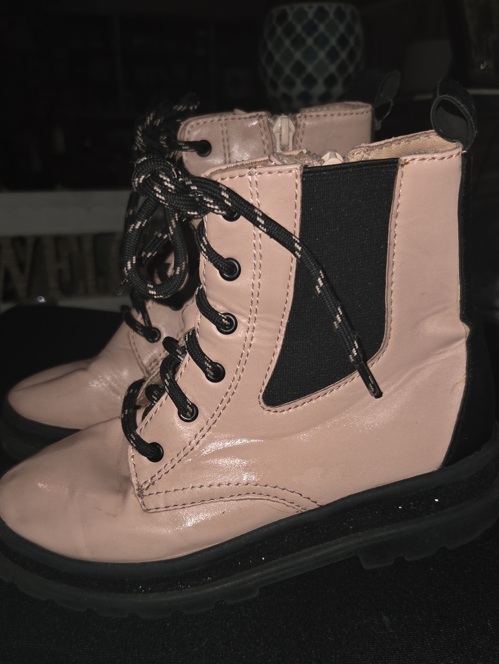 Wonder Nation Pink Lace-Up Combat Boots with Black Accents And Glitter Heel